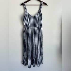 C&C California Blue White Gingham Midi Dress US 6 Sleeveless Cotton Linen Tiered